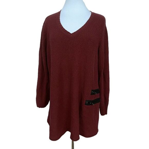 Textures Atsy Long Sleeve Cotton Boucle V-Neck Pullover Tunic Top Cranberry L/XL - Picture 1 of 6